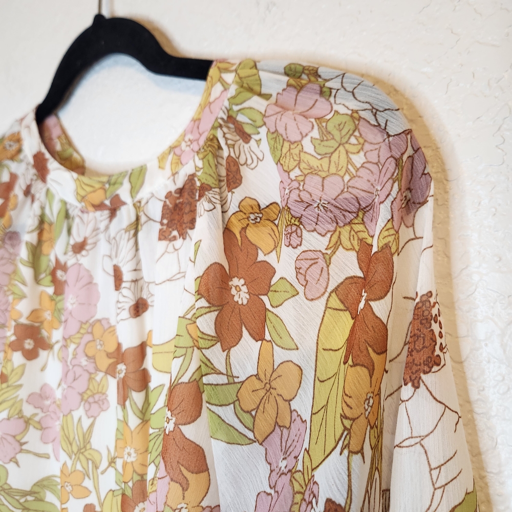 BTFBM Retro Floral Blouse V-Neck Long Sleeve Lined Women's Medium Orange Pinks - Picture 8 of 16